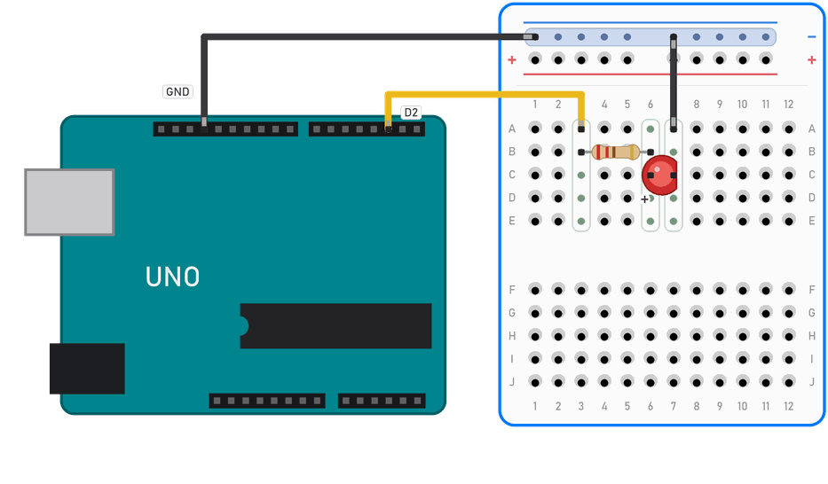 Arduino Uno i breadboard: žuta žica s pina D2 ide u redak 3, a crna s GND u (–) liniju