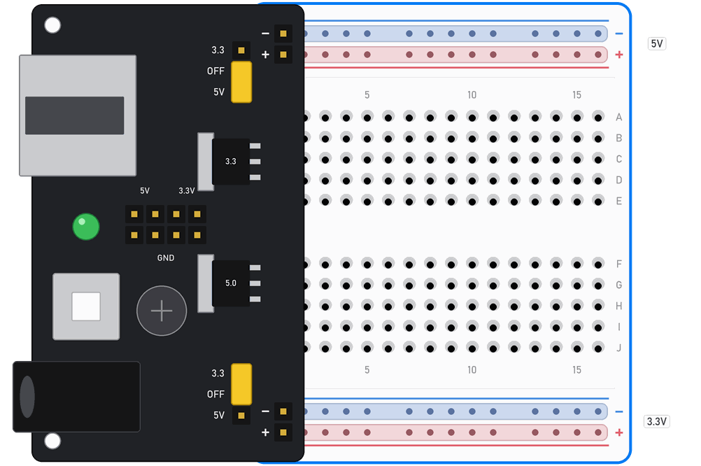 Modul za napajanje utaknut na lijevi kraj breadboarda: nožice + i minus u gornjim i donjim linijama napajanja, gornji kratkospojnik na 5V, donji na 3.3, pa gornje linije imaju 5 V, a donje 3,3 V