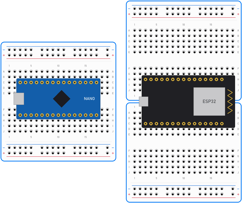 Lijevo: Arduino Nano preko srednjeg razmaka. Desno: ESP32 preko dva breadboarda, između kojih je uklonjena linija napajanja